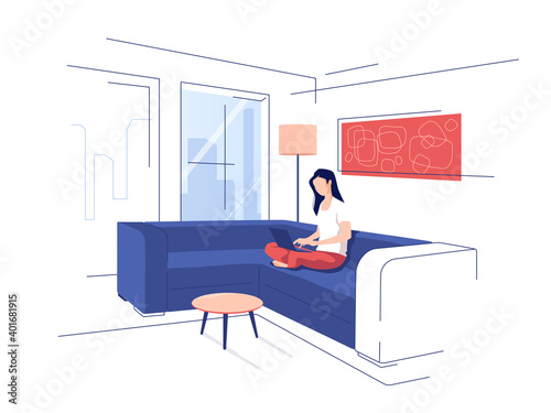 Vector illustration depicting a young girl in a modern interior using a laptop while sitting on a home sofa