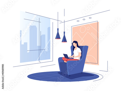 Vector illustration depicting a young girl in a modern interior using a laptop while sitting in a home chair