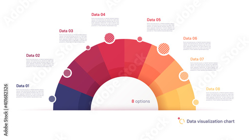 Vector pie chart infographic template in the form of semicircle divided by eight parts