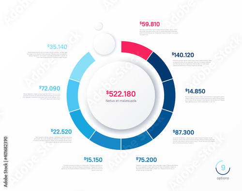 Vector infographic round chart template. Nine options, steps, parts