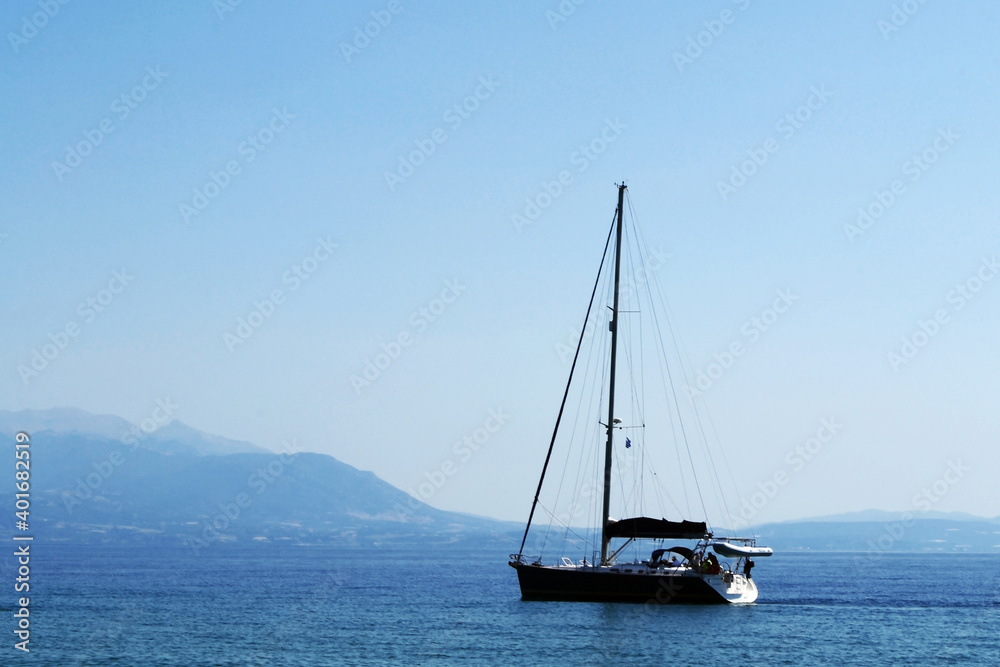 Yacht sailing in aegean sea. Nea Vrasna, Asprovalta, Greece.
