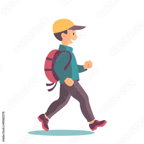 Hiking boy with a backpack on a white background. Vector isolated illustration in cartoon style.