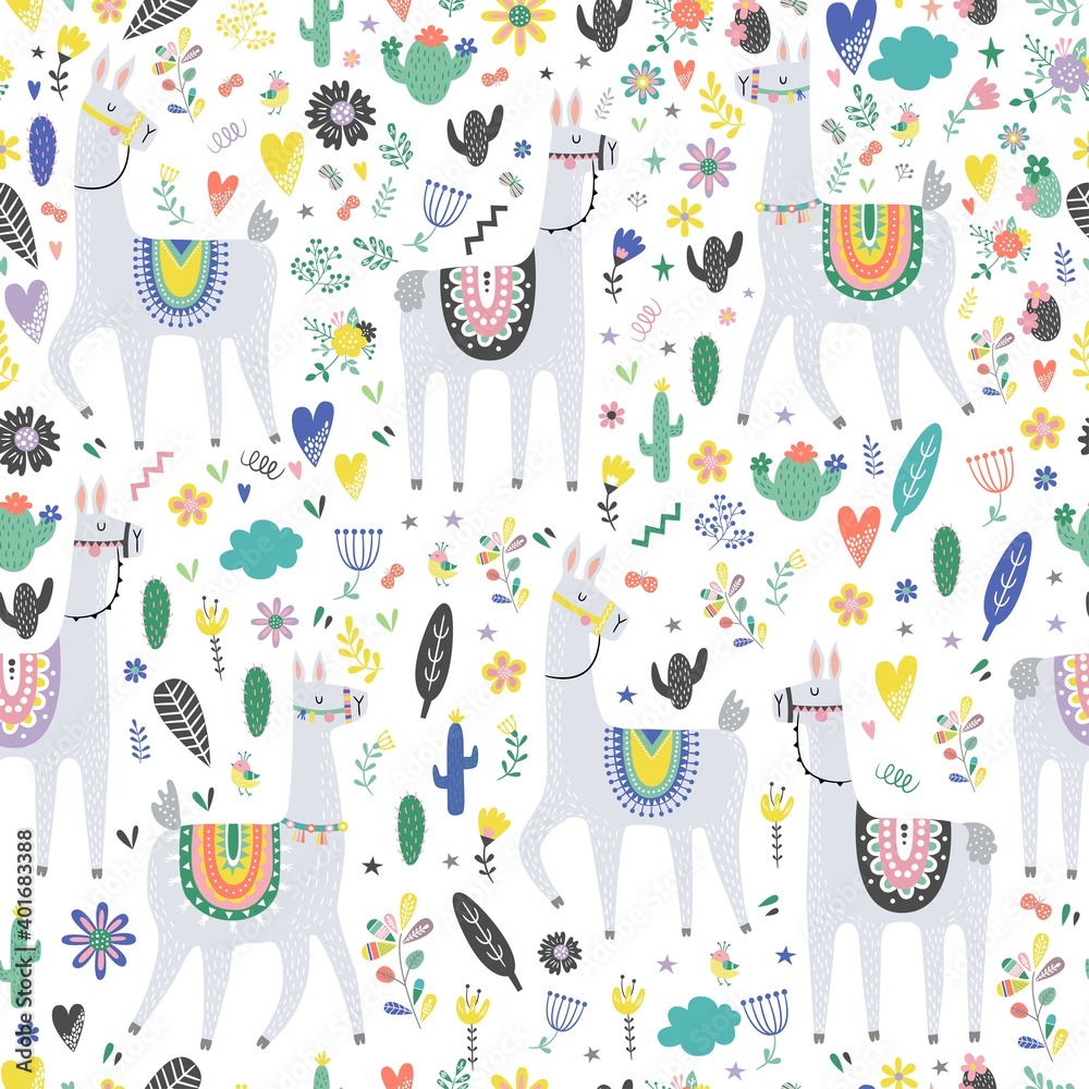 Seamless pattern with llama, cactus, rainbow and hand drawn elements. Creative childish texture. Great for fabric, textile. Vector illustration.
