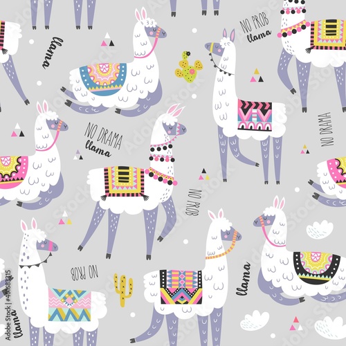 Seamless pattern with llama, cactus, rainbow and hand drawn elements. Creative childish texture. Great for fabric, textile. Vector illustration.
