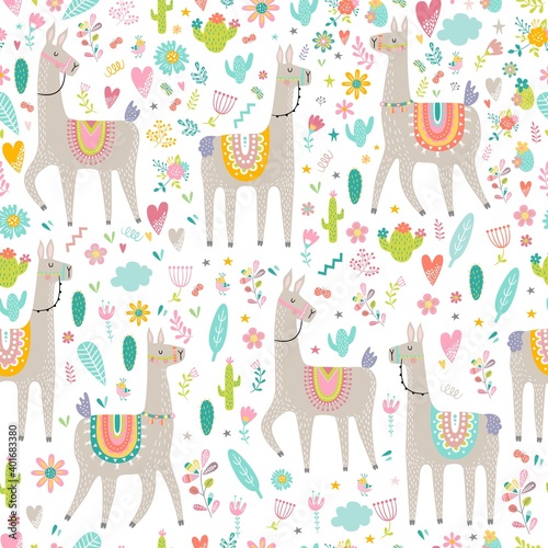 Seamless pattern with llama, cactus, rainbow and hand drawn elements. Creative childish texture. Great for fabric, textile. Vector illustration.
