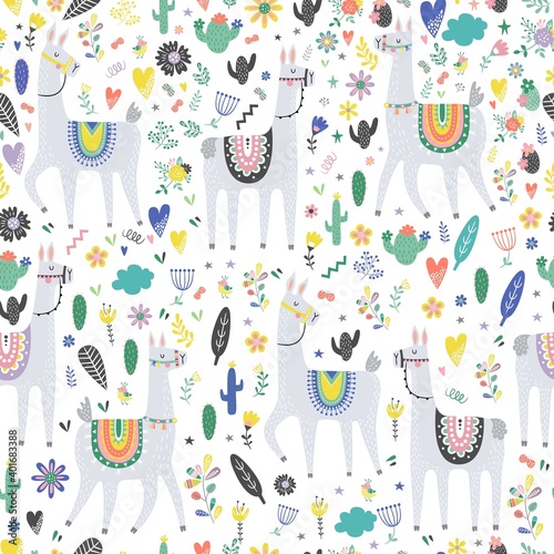 Seamless pattern with llama, cactus, rainbow and hand drawn elements. Creative childish texture. Great for fabric, textile. Vector illustration.
