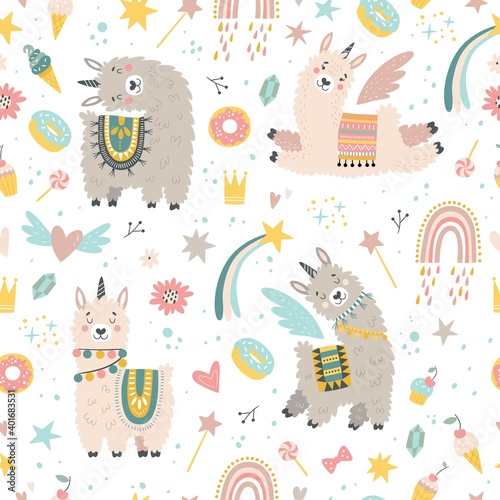 Seamless pattern with llama, cactus, rainbow and hand drawn elements. Creative childish texture. Great for fabric, textile. Vector illustration.
