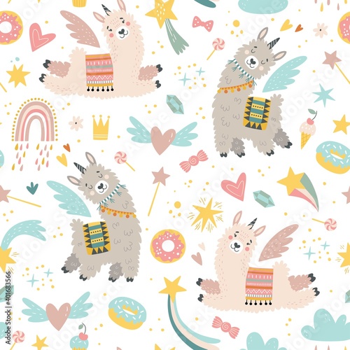 Seamless pattern with llama, cactus, rainbow and hand drawn elements. Creative childish texture. Great for fabric, textile. Vector illustration.
