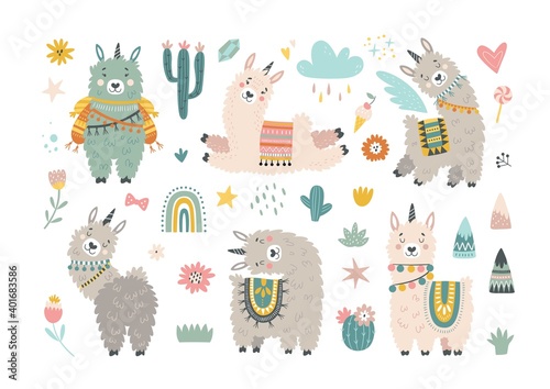 Vector set of cute llamas, cactus, rainbow and hand drawn elements. Creative childish illustration. Great for cards, posters, invitations, t-shirts.

