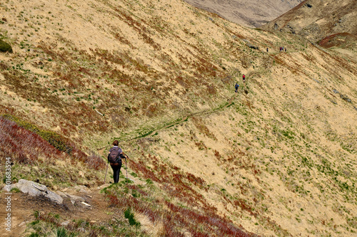 Young friends boys and girls walk in the mountains, along paths trought rocks and nature. 