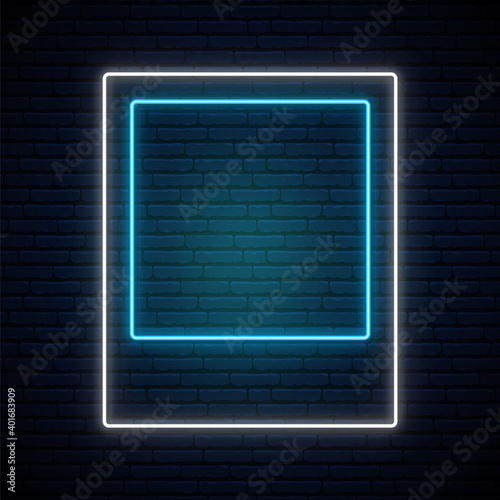 Neon photo frame sign. Glowing blue and white frame on brick wall background. Vector illustration.