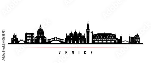 Venice skyline horizontal banner. Black and white silhouette of Venice City  Italy. Vector template for your design.