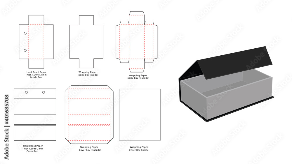 Lock Rigid box dieline template and 3D render Stock Vector