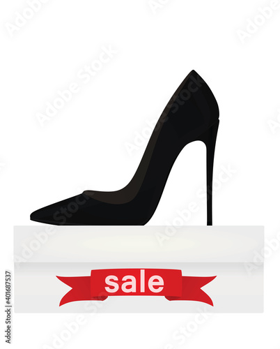 Shoe on shoe box with sale notice. vector