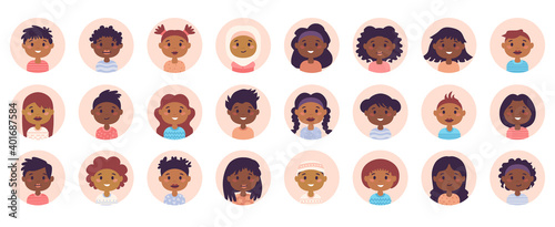 People avatar big bundle set. African American Teens and kids various avatar. Collection of schoolboy and schoolgirl. For video game, Internet forum, account. User pic, human face icons in flat style