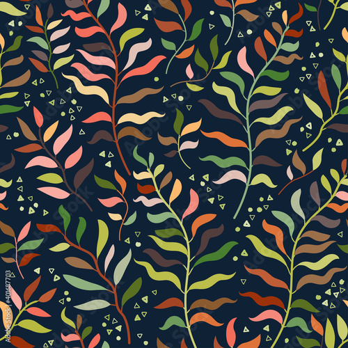 Tropical seamless floral pattern. Vector illustration. Summer equatorial rainforest with foliage.
