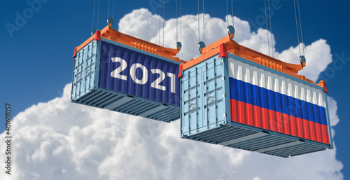 Trading 2021. Freight container with Russia flag. 3D Rendering 