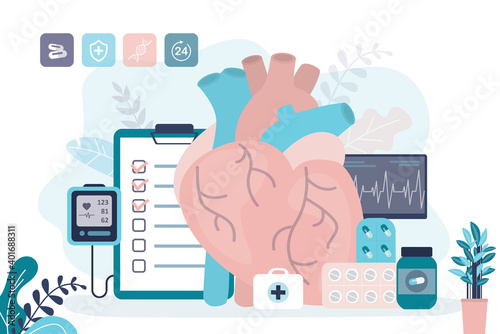 Heart connected to medical equipment. Heartbeat diagram on monitor screen. Examination of circulatory system for diseases