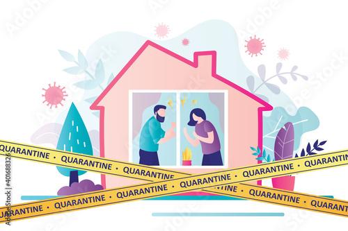 Coronavirus quarantine or lockdown banner. House exterior. Relationship problem, Domestic violence, wife and husband ready to fight.