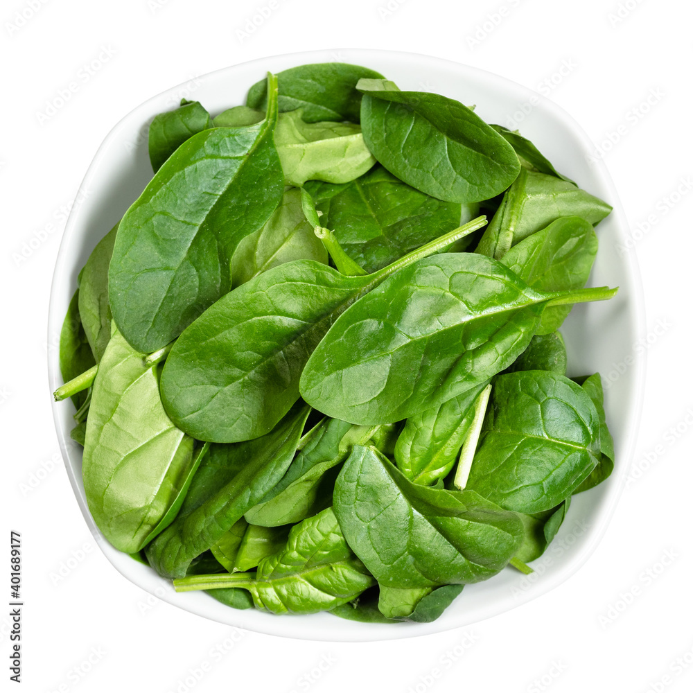 Fototapeta premium top view of fresh leaves of Spinach leafy vegetable in white bowl cut out on white background