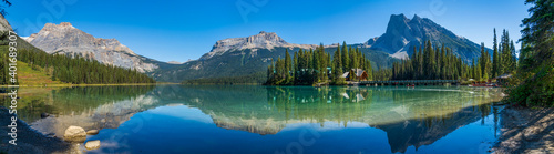 Emerald Lake panorama view in summer sunny day. Michael Peak, Wapta Mountain, and Mount Burgess in the background. Yoho National Park, Canadian Rockies, British Columbia, Canada.