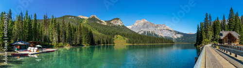 Emerald Lake panorama view. Canoe Rentals Boathouse, Lake Lodge, conference centre along lakeside and Michael Peak in the background. Yoho National Park, Canadian Rockies. BC, Canada. © Shawn.ccf