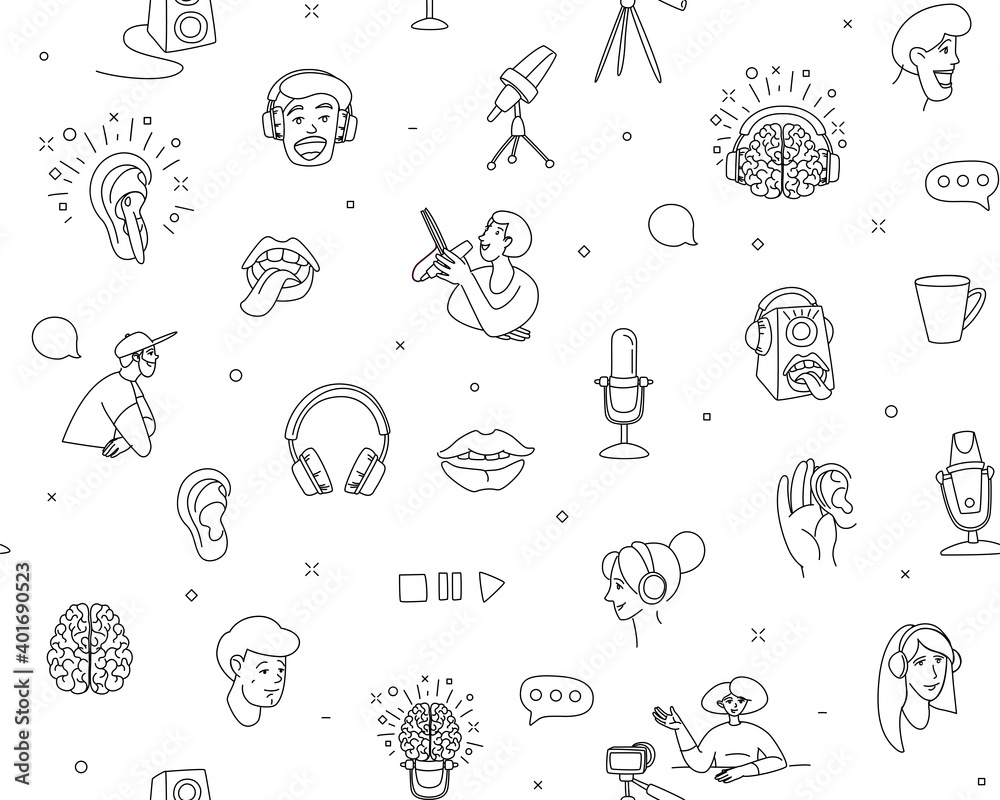 Fototapeta premium Radio host flat vector illustration seamless pattern. Media doodle drawing.