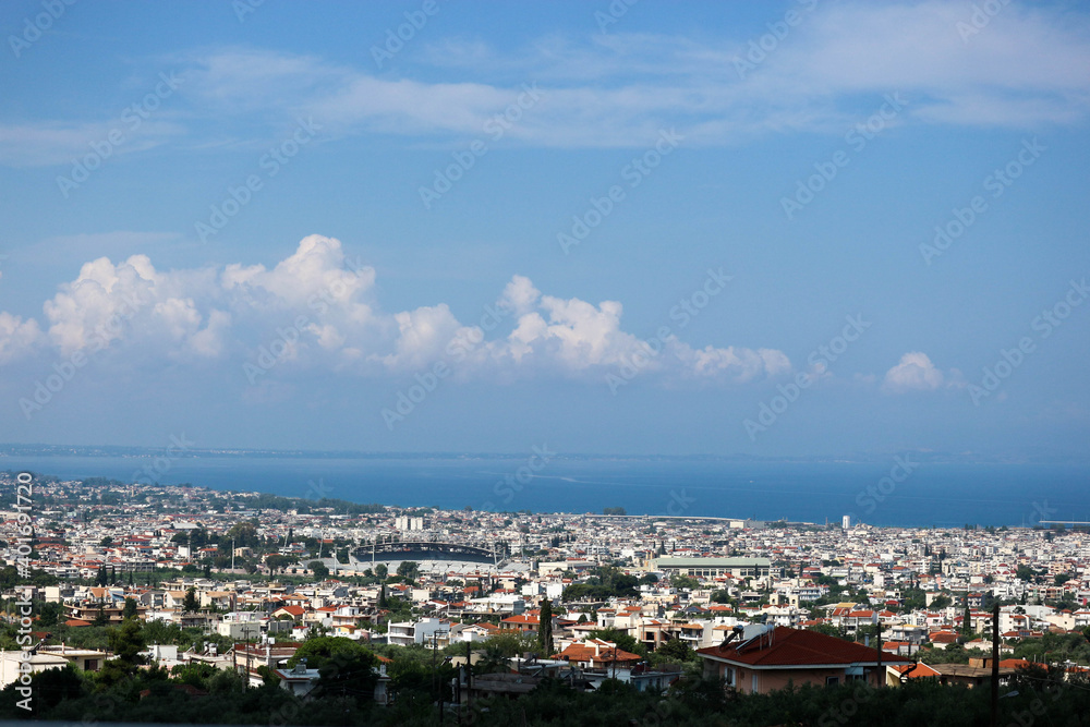 Panoramic view of city of Patras downtown and azure Mediterranean sea