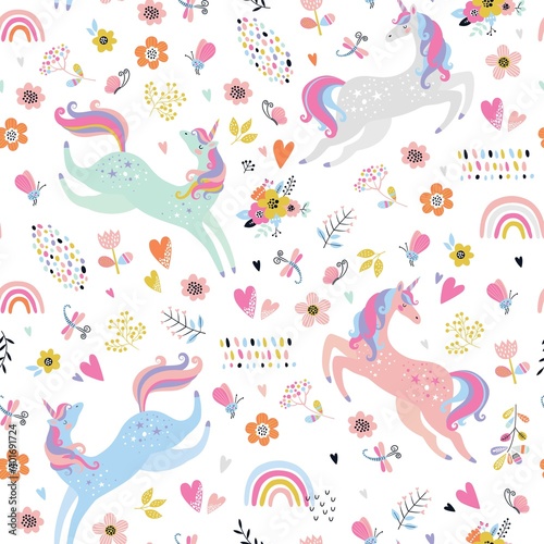Childish seamless pattern with unicorns. Creative nursery background. Perfect for kids design, fabric, wrapping, wallpaper, textile, apparel
