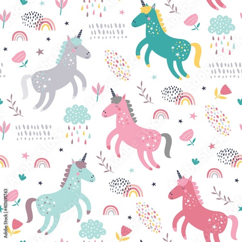 Childish seamless pattern with unicorns. Creative nursery background. Perfect for kids design, fabric, wrapping, wallpaper, textile, apparel
