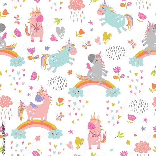 Childish seamless pattern with unicorns. Creative nursery background. Perfect for kids design  fabric  wrapping  wallpaper  textile  apparel 