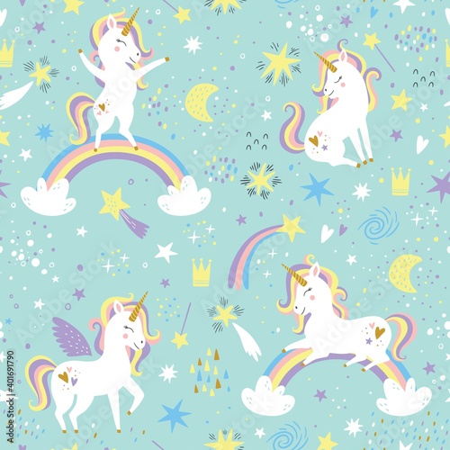 Childish seamless pattern with unicorns. Creative nursery background. Perfect for kids design, fabric, wrapping, wallpaper, textile, apparel 