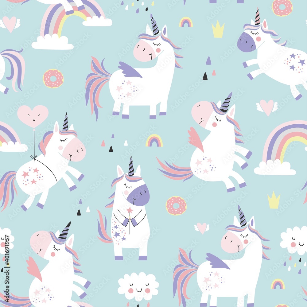 Childish seamless pattern with unicorns. Creative nursery background. Perfect for kids design, fabric, wrapping, wallpaper, textile, apparel

