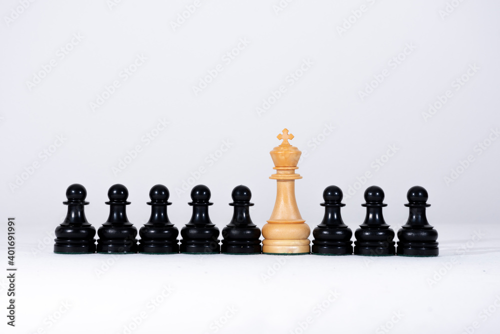 white king and black pawns with white background.