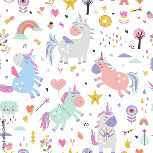 Childish seamless pattern with unicorns. Creative nursery background. Perfect for kids design, fabric, wrapping, wallpaper, textile, apparel 