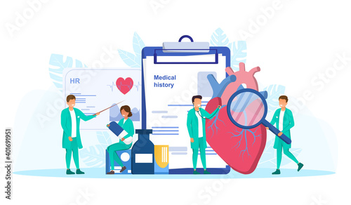 Male and female cardiologists studying and examining human heart with magnifier. Concept of cardiology. Flat cartoon vector illustration