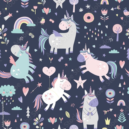 Childish seamless pattern with unicorns. Creative nursery background. Perfect for kids design, fabric, wrapping, wallpaper, textile, apparel

