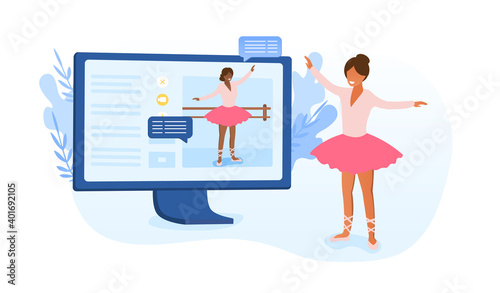 Female character is watching online dance class. Ballerina teaches girl to dance distantly via internet. Concept of lesson, master class during covid-19 lockdown. Flat cartoon vector illustration