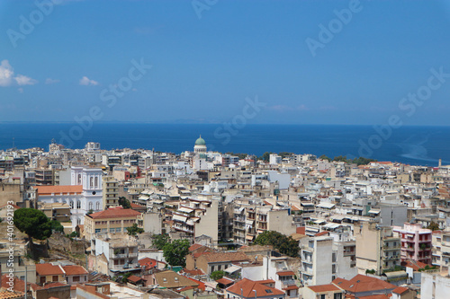 Panoramic view of city of Patras downtown and azure Mediterranean sea