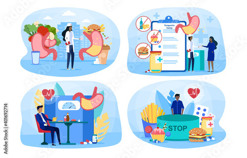 Set of cartoons with people suffering from overeating problem. Concept of obesity and unhealthy lifestyle leading to vascular diseases and diabetes. Flat cartoon vector illustration