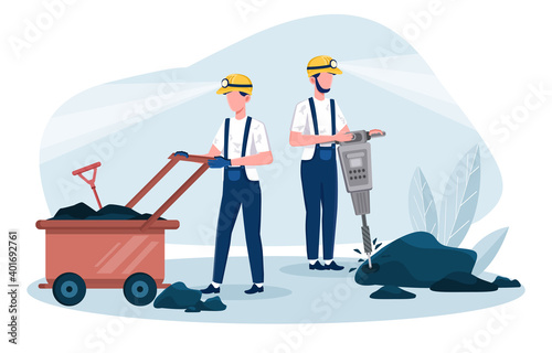 Two men working in coal mine with jackhammer and dolly. Workers in uniform and helmet with wheelbarrow working underground. Concept of extraction industry profession. Flat cartoon vector illustration