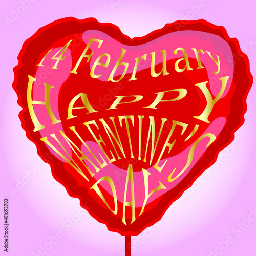 Red foil balloon in the shape of a heart with gold lettering 14 february happy valentine's day. Vector illustration.