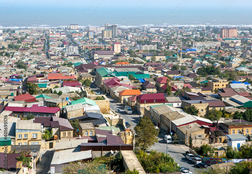 View of the city and the mosque on Buinakskiy street, 76 from above. Derbent. The Republic of Dagestan. Russia