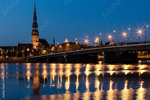 Old town of Riga during evening, view from Daugava river