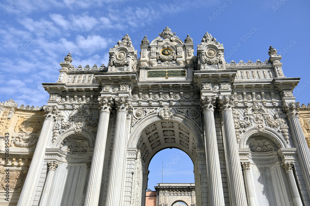 Dolmabahce Palace of 19th century. Exterior facade of the Gate of Treasury. Besiktas district, city of Istanbul, Turkey.