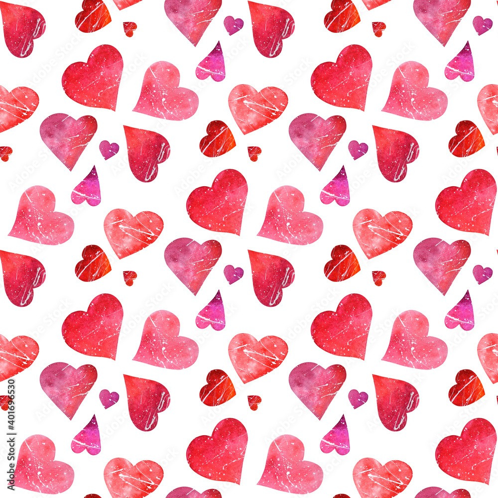 Seamless pattern of watercolor red and pink hearts isolated on the white background Seamless pattern of watercolor red and pink hearts isolated on the white background
