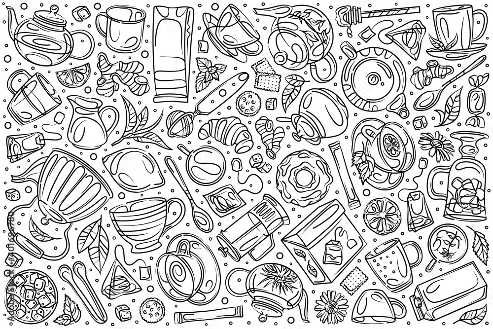 Doodle tea shop icons. Hand drawing. Tea time Doodle tea shop icons. Hand drawing. Tea time