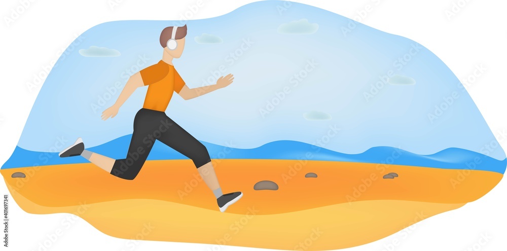 Man running at the seashore, beach sport.Cartoon vector illustration. Healthy lifestyle.