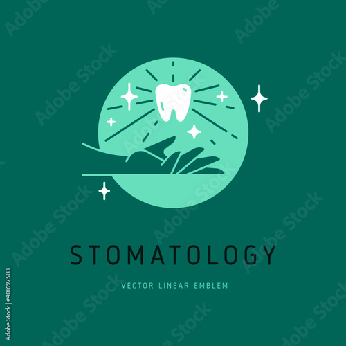 Linear tooth icon with sunlight and stars. Vector trendy logo of hand with white tooth symbol for dentistry clinic or dentist medical center and toothpaste package. Minimal stomatology logo and emblem
