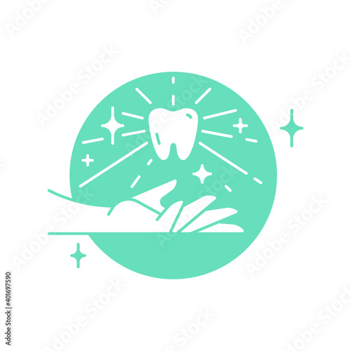 Linear tooth icon with sunlight and stars. Vector trendy logo of hand with white tooth symbol for dentistry clinic or dentist medical center and toothpaste package. Minimal stomatology logo and emblem